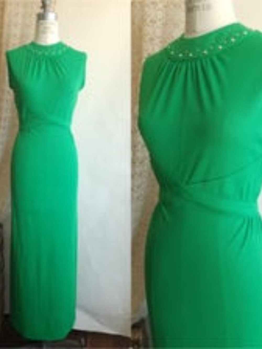 Vintage 1970s Dress, Kelly Green Poly Maxidress, Rhinestone Mock Neck Hostess Go